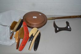 Copper bed warming pan, shoe makers last and various assorted brushes