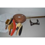Copper bed warming pan, shoe makers last and various assorted brushes