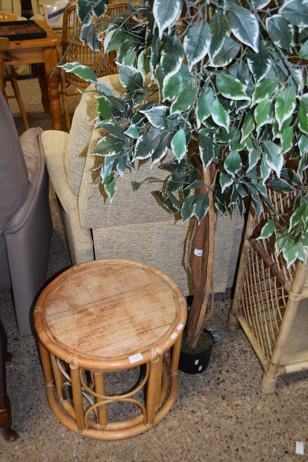 Two bamboo occasional tables and a artificial pot plant