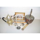 Mixed Lot: Copper kettle, various silver plated wares, vintage rulers, framed coloured print of a