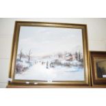 Jennings study of a winter village scene, gilt framed, oil on canvas