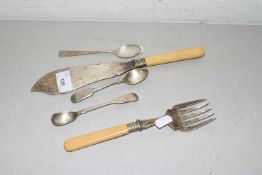 Mixed Lot: Victorian hallmarked silver condiment spoon together with plated fish servers and other