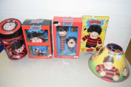 Mixed Lot: Beano related items to include boxed Dennis and Gnasher toys, lampshade and other items