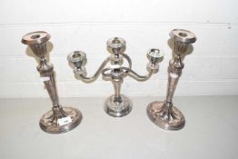 Mixed Lot: Pair of silver plate on copper candlesticks and a further candelabra
