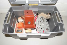 Plastic tool box containing a vintage Eumig camera and various other sundries