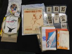 Box of assorted ephemera including film star photos including some signed, pop music sheets, royalty