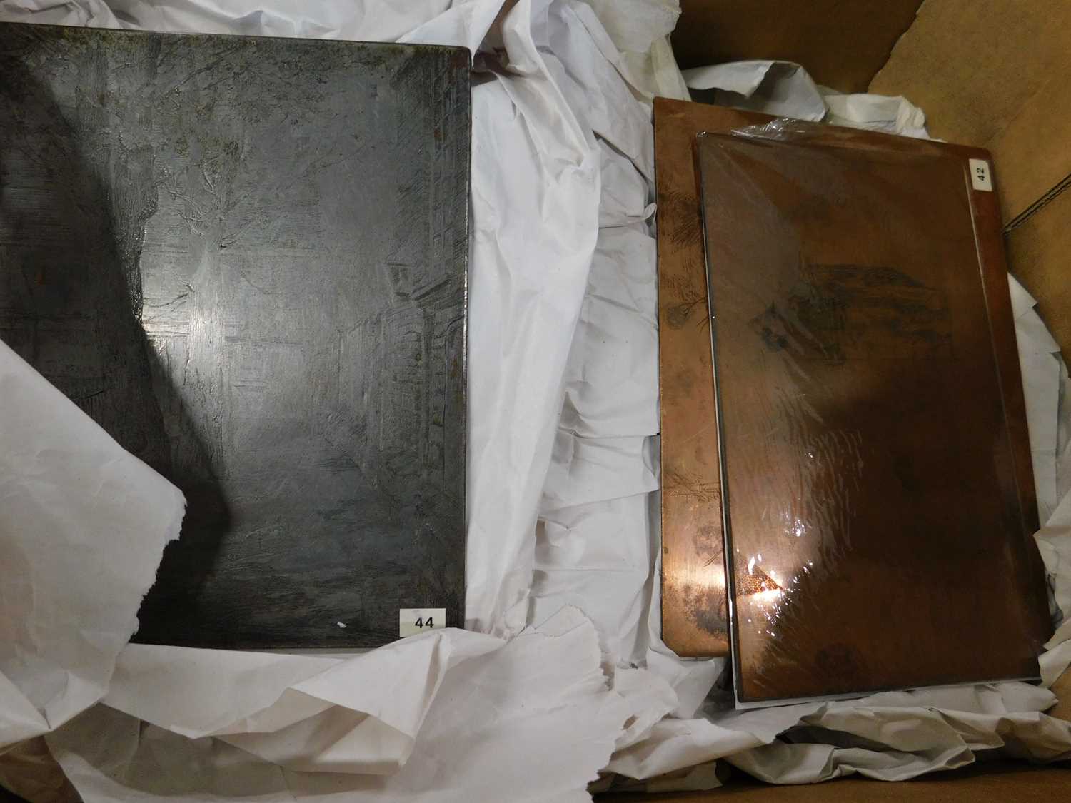 Box: Circa 38 assorted copper printing plates, buildings, people, trees, boats etc, various sizes