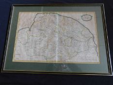 ROBERT MORDEN: NORFOLK, engraved part hand coloured map [1695], approx 370 x 580 mm, framed and