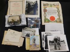 Box of assorted military interest ephemera plus some Safe Driving etc badges, year clasps and