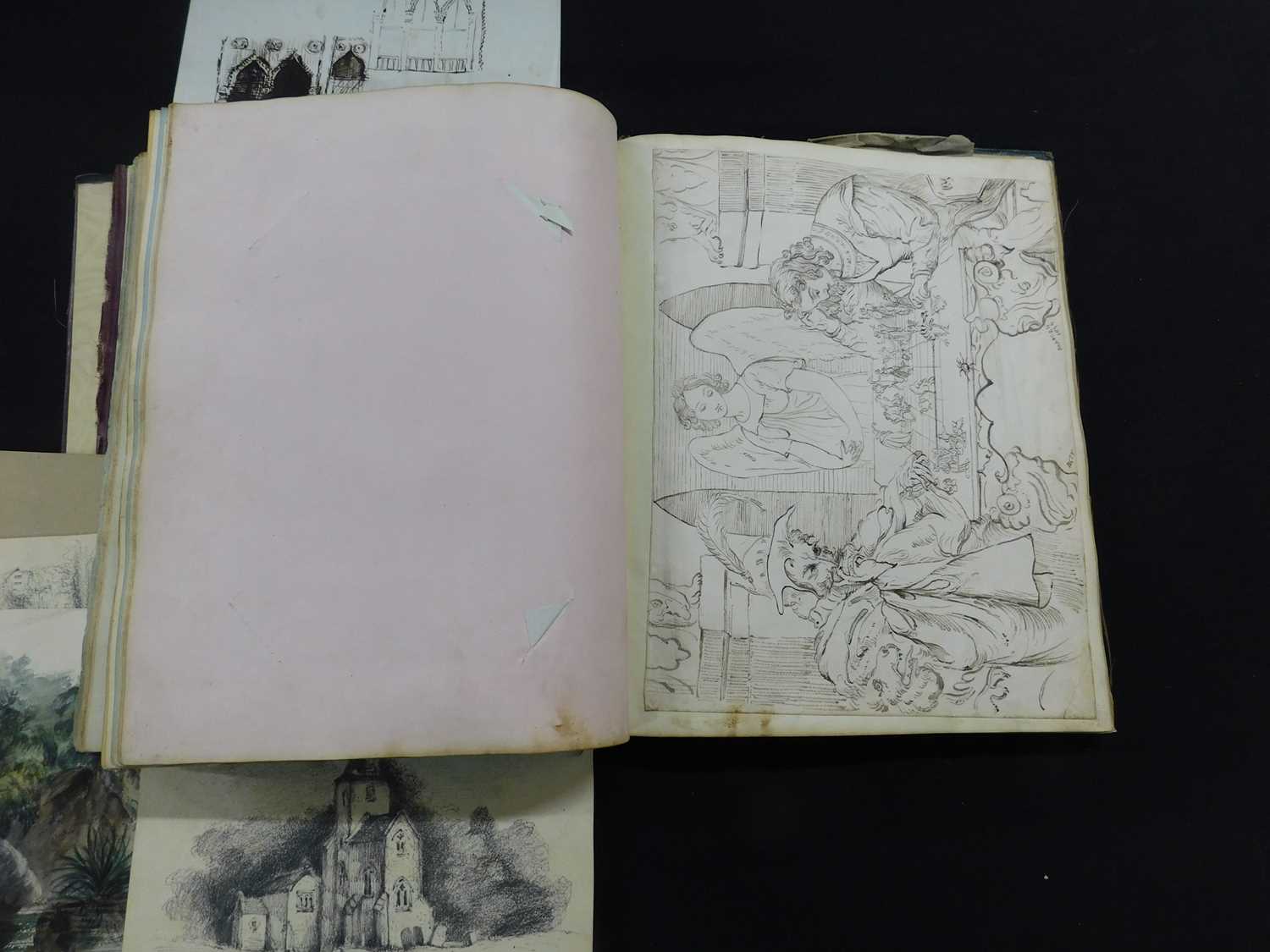 An early Victorian common place album containing assorted mainly pencil and watercolour drawings and - Image 3 of 4