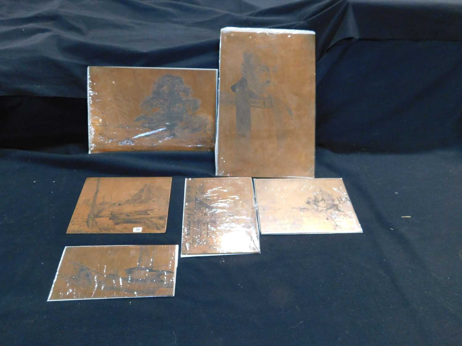 Box: Circa 38 assorted copper printing plates, buildings, people, trees, boats etc, various sizes - Image 2 of 2