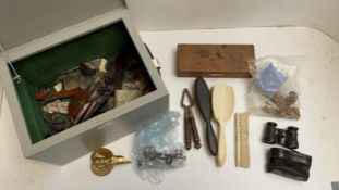 A quantity of general items including old keys, parts of gilding, castors, and other useful bits for