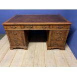 Large oak partners desk, with tooled leather top, 151 w X 91 cm deep; condition - good purchased