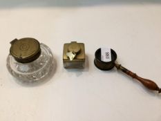 Magnifying glass and 2 glass ink wells with brass tops