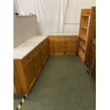 Quantity of modern pine - bookshelves 80x30x171 cm and 3 pine side cabinets with marble tops,