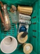 A quantity of bric a brac, various china, candlesticks, boxes, silver plate ,in need of a clear, etc