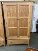 Contemporary light oak style 2 door wardrobe, 193H x 105W x 62Dcm