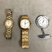 Square faced 1930s wrist watch, 9ct, yellow metal strap, RECORD; and other fashion watches