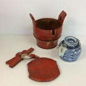 A Chinese blue and white teapot; and a red wooden Chinese casket, 19.5cm High x 19cm wide