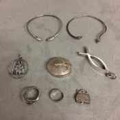 Stirling silver and white metal items, pill box, 2 rings, 2 bangles and other items