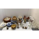 Quantity of china to I include Toby jugs, cockerel, blue ad white and other plates, pair of vases,