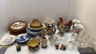 Quantity of china to I include Toby jugs, cockerel, blue ad white and other plates, pair of vases,