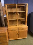 Ercol glazed cabinet, with cupboard and drawers below, 160 high x 43cm depth x 91xm wide