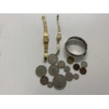 Hallmarked silver hinged bracelet, and 2 old yellow metal watches , and a quantity of coins,