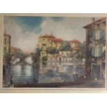 Modern print signed Claude Deval, Italian river scene, framed and glazed, 27 x 37cm