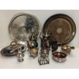 Large collection of silver plated wares to include 2 large circular silver plated trays, one