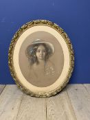Circular gilt framed pastel portrait of a lady, signed, no glass