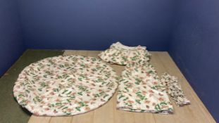 One pair of curtains, and pelmet, a table cover and a bed valance, Colefax Fowler fabric, condition,