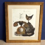 Mixed media print, highlighted inked and gilt areas, of a cat with a telephone, by Rosio?, image