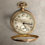 Unmarked yellow metal gentlemen's open face pocket watch, crown wind with subsidiary second dial