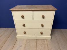 Chest of 3 long drawers, pine top, 85cm wide x 78 cm high ; drawers appear to be stuck
