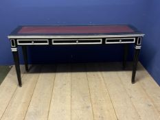 A Decorative ex de Gournay showroom 3 drawer, black and silver gilt side table, inset red leather