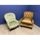 Victorian green upholstered button back nursing chair, and yellow upholstered button back arm chair,