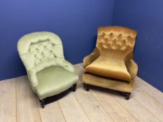 Victorian green upholstered button back nursing chair, and yellow upholstered button back arm chair,