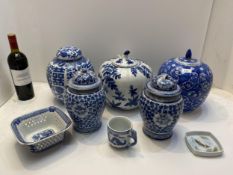 5 blue and white various ginger jars with lids, condition all good, height of tallest 27cm including