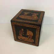 Tea canister with lining and Lacquered black and inlaid decoration, depicting Oriental figures,