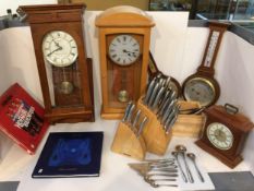 Quantity of general modern house clearance items including clocks, kitchen knife set, flatware etc