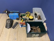 box of tools, including 110volt grinder with step down transformer; 240 volt grinder; various
