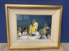 Oil on board, C20th, Tea time birthday party, 23 x 31cm in gilt frame (needs mending)