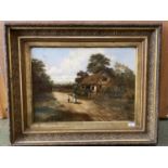 Late C19th oil on canvas, figures by the cottage, in gilt frame, signed indistinctly lower right,