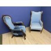 Edwardian square framed chair with blue upholstery and a Victorian show framed fireside chair with