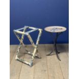 Decorative 3 branch table stand with floral tray, a luggage rack covered Colefax and Fowler