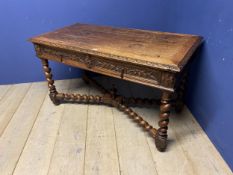 Oak refectory side table, with 2 carved drawers , with barley twist cross stretchers, 128cm w