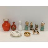 Quantity of mixed ceramics, W German figures, Wedgwood vase and Worcester model of an Alsatian