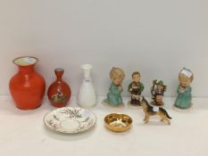 Quantity of mixed ceramics, W German figures, Wedgwood vase and Worcester model of an Alsatian