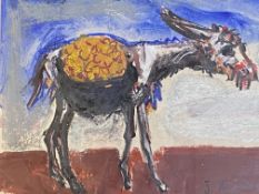 Portugese, abstract painting of a donkey, framed glazed and mounted oil on board